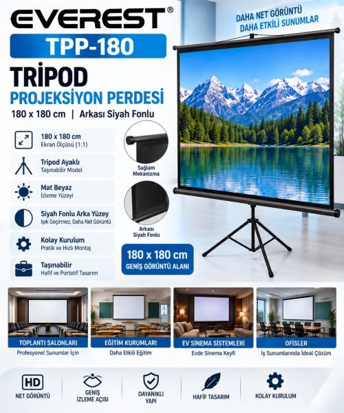 EVEREST TPP-180 180x180 TRIPOD PROJEKSİYON PERDESİ  Arkası Siyah Fonlu, Taşınabilir Ayaklı Model